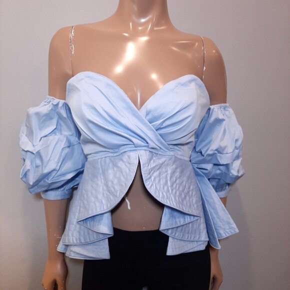 Style Mafia Cliona Top Strapless Off Shoulder Bardot Puff Sleeve Peplum Shirt - Picture 5 of 16